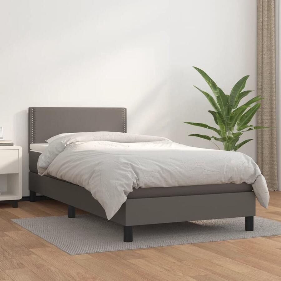 VidaXL Boxspring Grijs 90x200 cm met Matras Boxspringbed Boxspring Bed Slaapkamerinrichting Kunstleder Bed Grijs Bed Tweepersoonsbed Pocketed Veren Matras Middelhard Matras - Foto 2