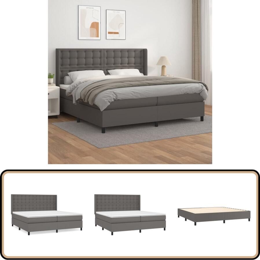VidaXL Boxspring Grijs Kunstleer 200x200 cm Boxspringbed Slaapcomfort Boxspring Tweepersoonsbed Lederlook Adjustable Headboard Pocketveermatras Middelhard Matras Slaapkamer