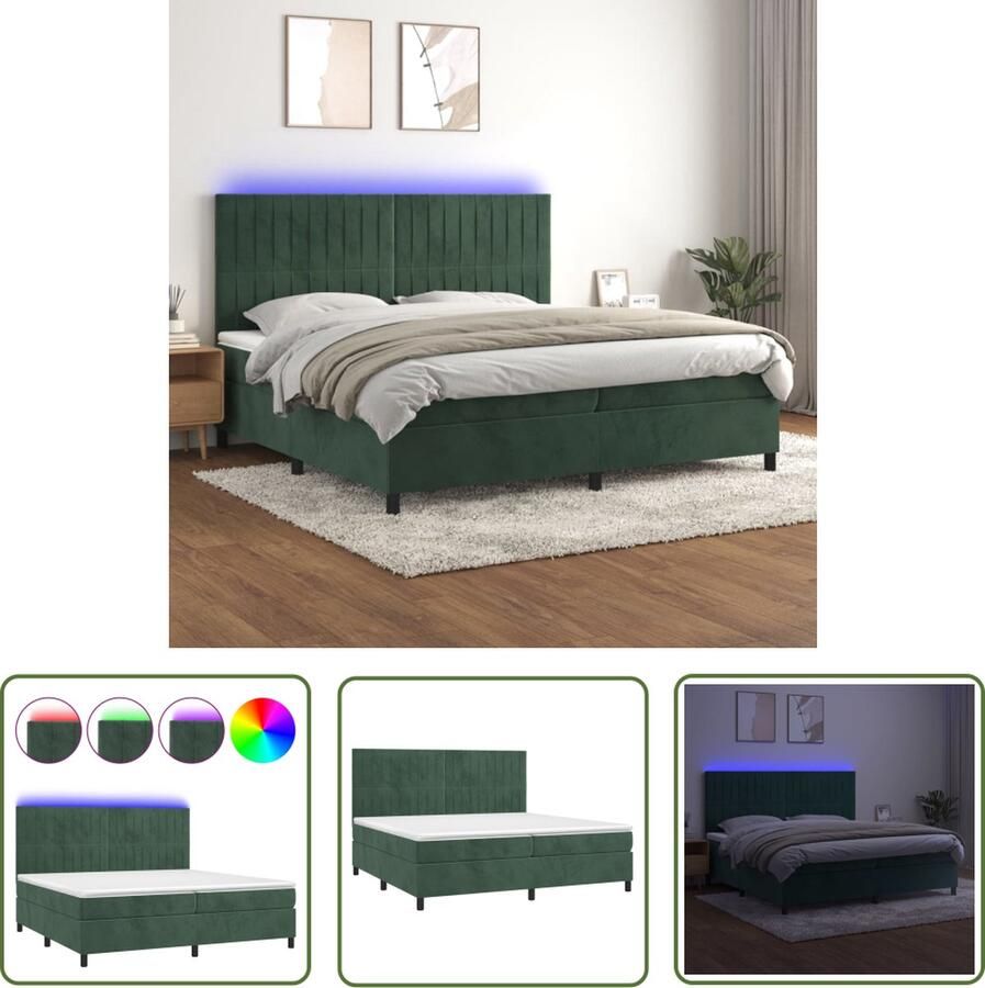 The Living Store Boxspring met matras en LED fluweel donkergroen 200x200 cm Boxspring Velvet Boxspring Groen Led Boxspring Pocketed Spring Mattress Velvet Bed Frame