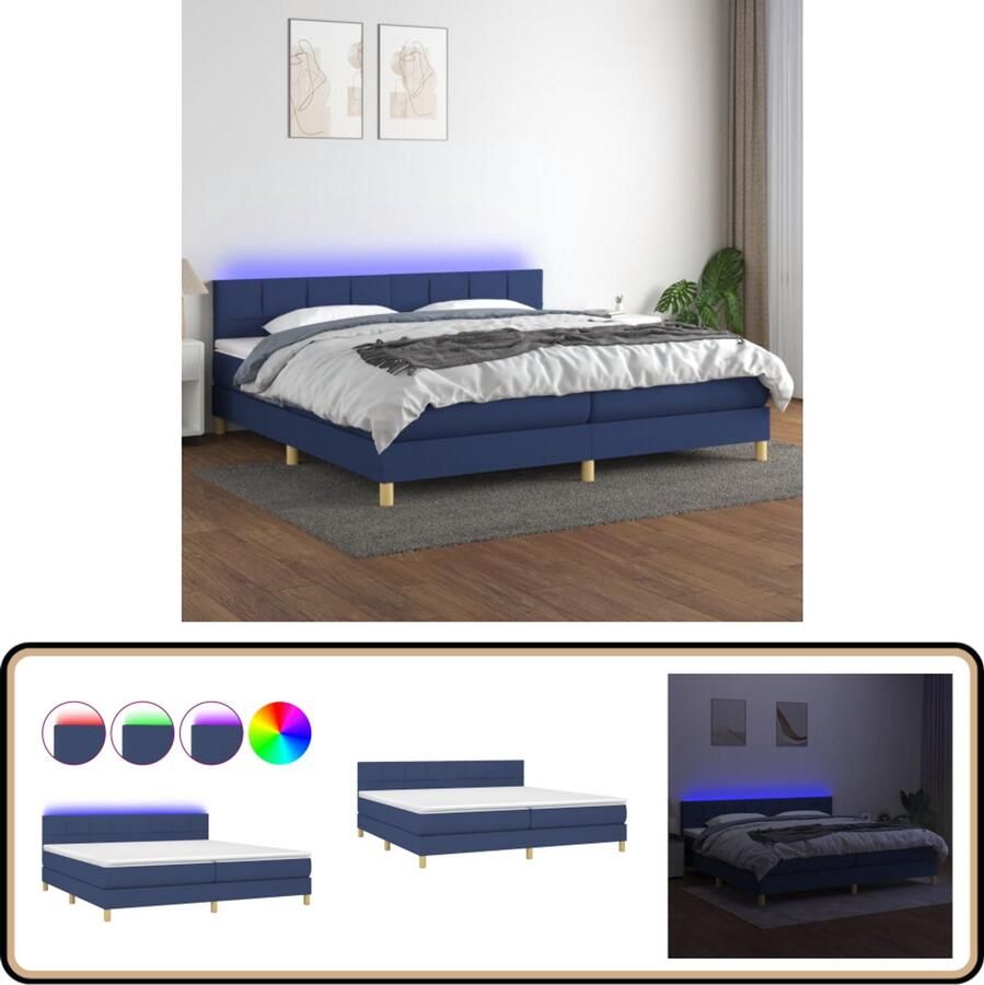 VidaXL Boxspring Inclusief LED en Matras 200x200 cm Boxspring Led Bed Slaapcomfort Verstelbare Hoofdbord Blauwe Boxspring Tweepersoons Bed Pocketed Veren Matras