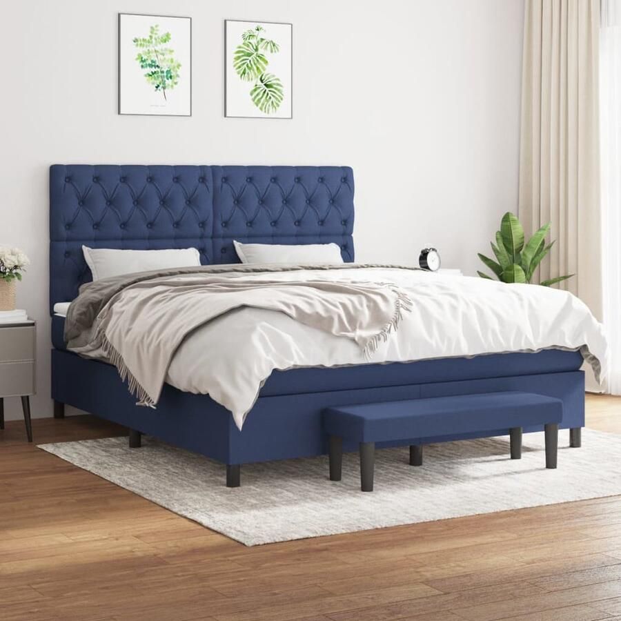 VidaXL Boxspring Inclusief Matras 160x200 cm Blauw Boxspringbed Boxspring Tweepersoonsbed Bed Frame Blauwdruk Bedroom Furniture Slaapkamerinrichting - Foto 2