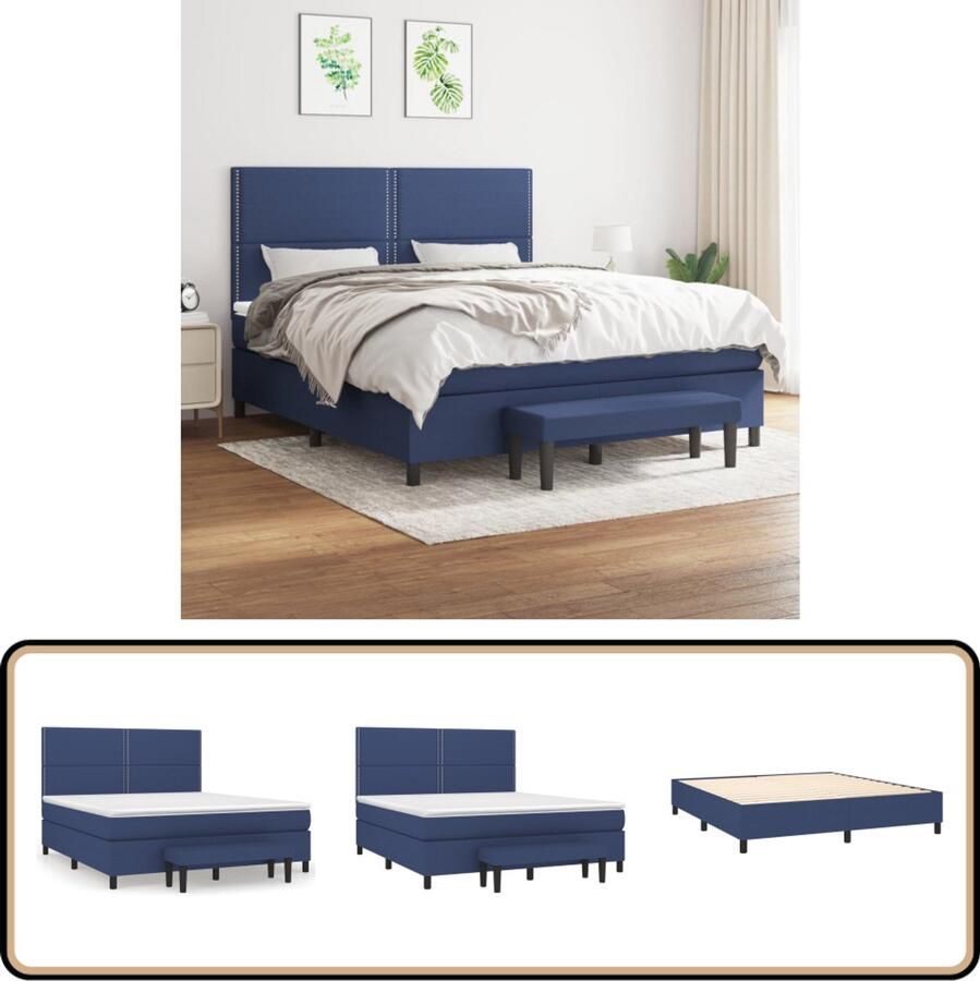 VidaXL Boxspring Inclusief Matras Blauw 180x200 cm Boxspringbed Slaapkamer Meubels Tweepersoons Bed Blauwe Bed Boxspring Pocketed Spring Mattress Adjustable Headboard Multifunctional Bench