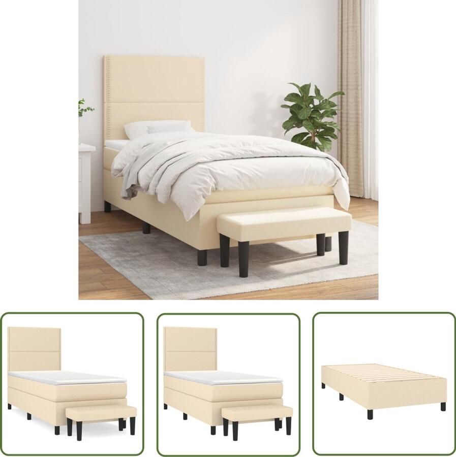 VidaXL Boxspring Inclusief Matras crèmekleurig 90x190 cm Boxspringbed Pocketvering Creme Kleur Verstelbare Hoofdbord Middenhard Bankje