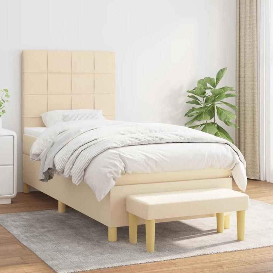 The Living Store Boxspringbed Pocketvering 203 x 83 x 118 128 cm Crème Boxspringbed Pocketveer Matras Creme Kleur Tweepersoonsbed Stapelbare Bedbank - Foto 2