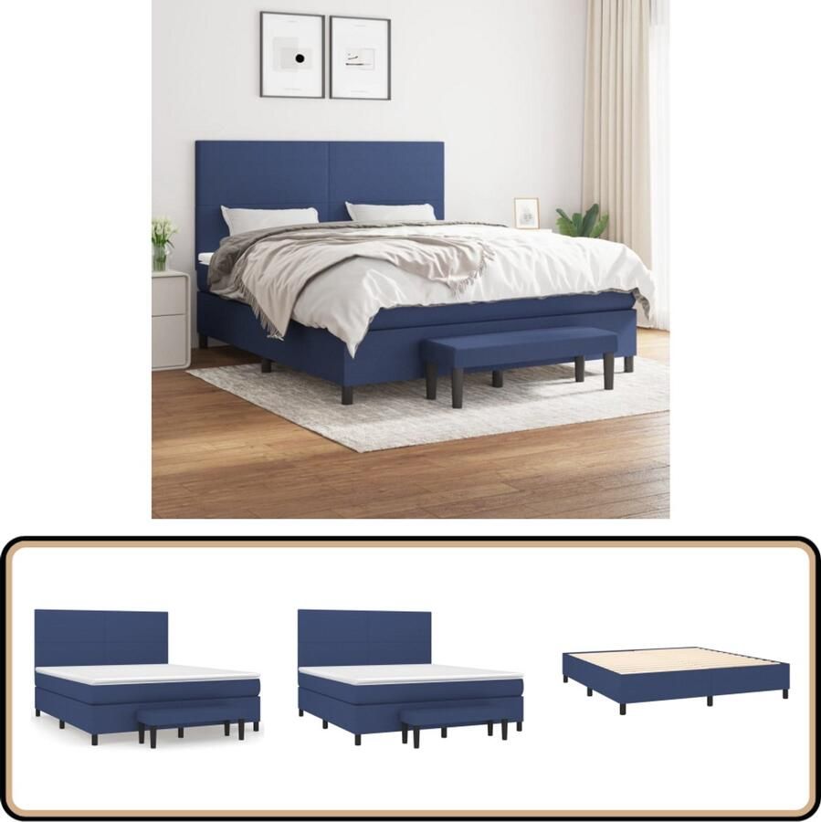 VidaXL Boxspring Inclusief Matras en Bankje Blauw Boxspringbed Pocketvering Blauwe Boxspring Met Hoofdbord Verstelbare Hoofdbord
