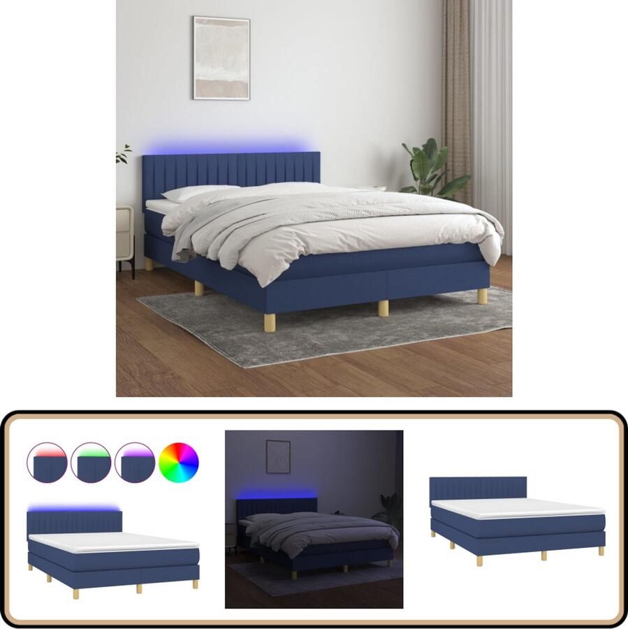 VidaXL Boxspring Inclusief matras en LED 140x200 cm Boxspring Led Boxspring Blauwe Boxspring 140x200 Pocketveer Matras Slaapcomfort Bedroom Decor