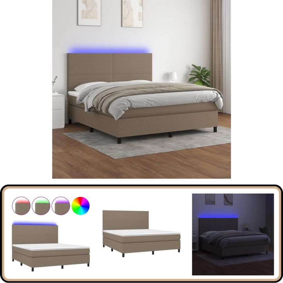 VidaXL Boxspring Inclusief Matras en LED Taupe 160x200 cm Boxspring Led Lamp Pocketvering Taupertone Slaapcomfort Bedroom Furniture