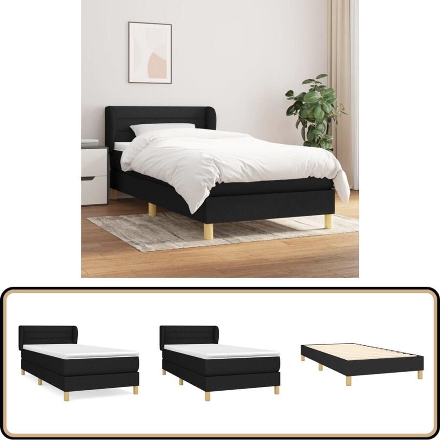 VidaXL Boxspring Inclusief Matras Stof Zwart Boxspringbed Boxspring Tweepersoon Bed Slaapcomfort Pocketveer Matras Middenhard Matras Zware Houten Frame Hoofdbord Modern Bed Zwart Bed