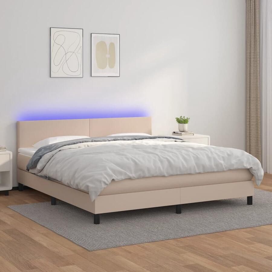 VidaXL Boxspring Kunstleer 160x200 cm Cappuccino Boxspring Led Lamp Kapstok Tweepersoons Bed Kunstleder Bed Bedroom Furniture Slaapcomfort Design Bed Boxspring Frame Capucino Kleuren Pocketed Spring Mattress - Foto 2
