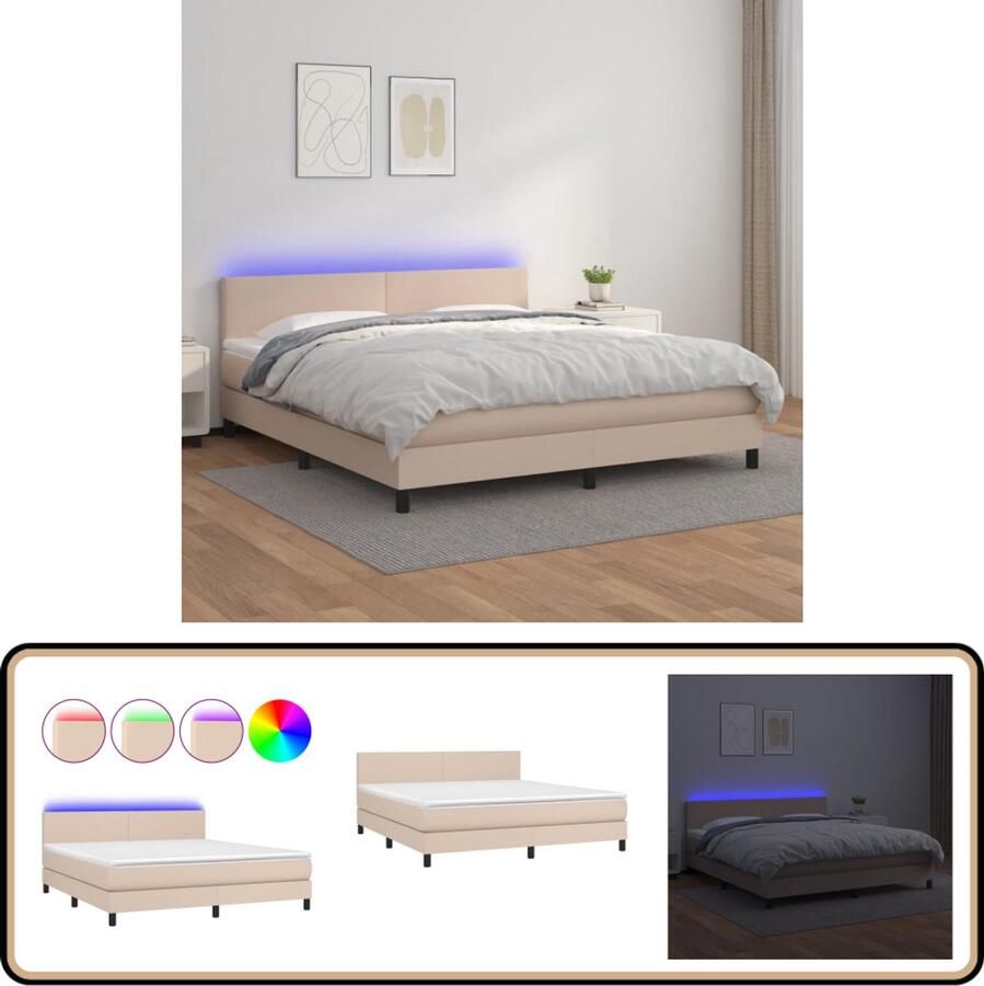 VidaXL Boxspring Kunstleer 160x200 cm Cappuccino Boxspring Led Lamp Kapstok Tweepersoons Bed Kunstleder Bed Bedroom Furniture Slaapcomfort Design Bed Boxspring Frame Capucino Kleuren Pocketed Spring Mattress