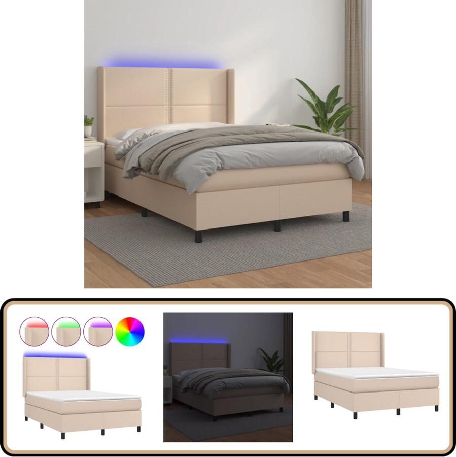 VidaXL Boxspring Kunstleer Cappuccino 140x190 cm Boxspring Lederlook Bed Kapstok Hoofdbord Verstelbaar Led Verlichting Pocketveer Matras Kinderkamer