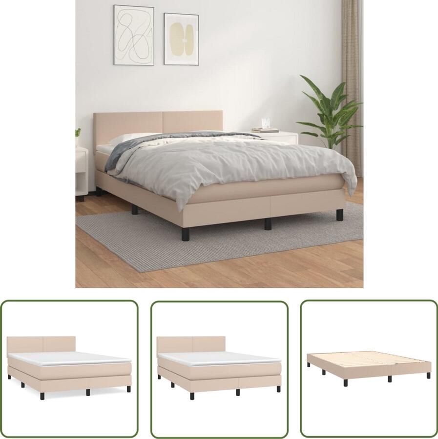 VidaXL Boxspring Kunstleer Cappuccino 140x200 cm Boxspringbed Kunstleder Bed Cappuccino Kleur Tweepersoons Bed Pocketveer Matras Hoofdbord Slaapkamer Meubels