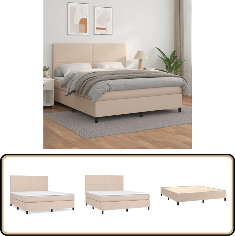 VidaXL Boxspring Kunstleer Cappuccino 160x200 cm Boxspringbed Kunstleder Bed Verstelbare Hoofdbord Pocketveer Matras Middenhard Matras Bruine Bed