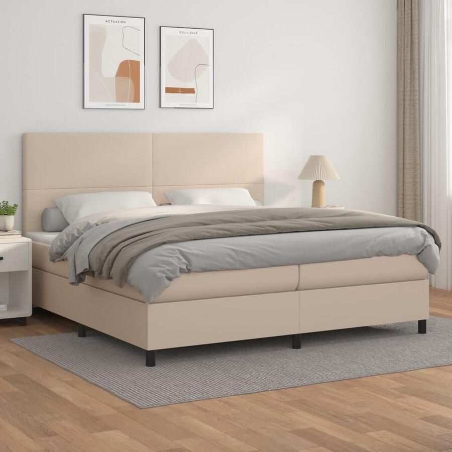 VidaXL Boxspring Kunstleer Cappuccino 200x200 cm Boxspringbed Boxsprings Slaapkamer Meubels Tweepersoonsbed Bruine Bed Lederlook Bed Middenhard Matras Adjustable Headboard - Foto 2