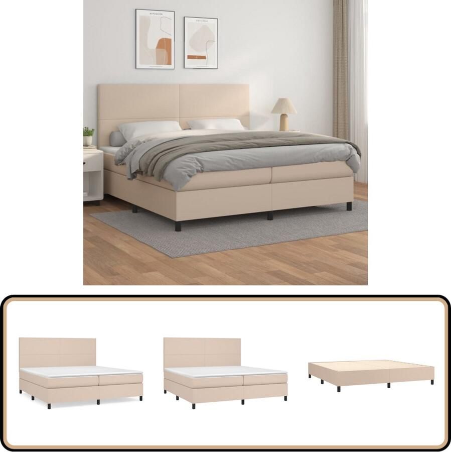 VidaXL Boxspring Kunstleer Cappuccino 200x200 cm Boxspringbed Boxsprings Slaapkamer Meubels Tweepersoonsbed Bruine Bed Lederlook Bed Middenhard Matras Adjustable Headboard