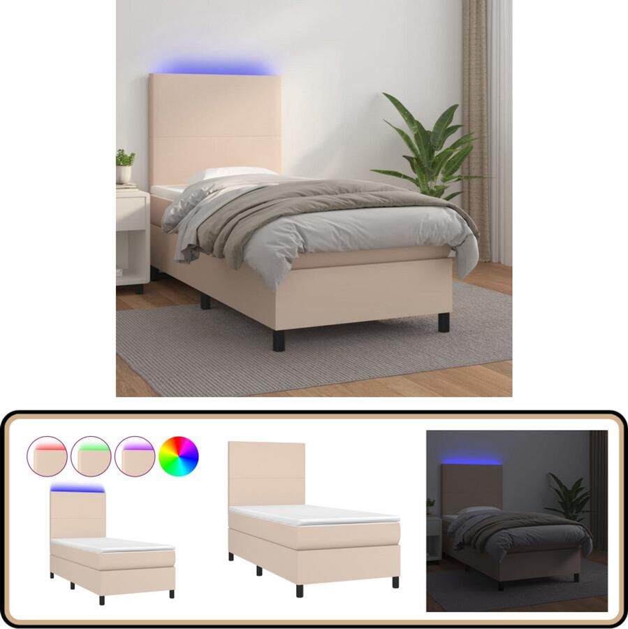 VidaXL Boxspring Kunstleer Cappuccino 80x200 cm Boxspring Bed Frame Lederlook Led Lamp Pocketveer Matras Tweepersoonsbed