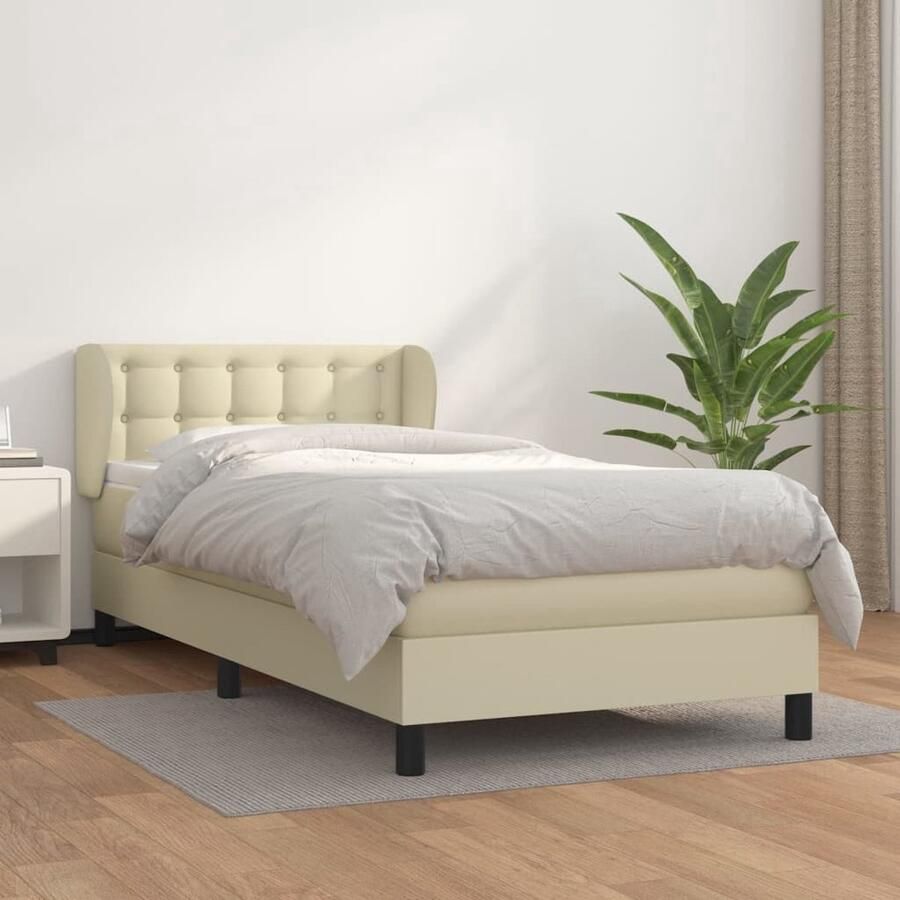 VidaXL Boxspring Kunstleer Crème 90x200 cm Boxspringbed Kunstleder Bed Pocketveer Matras Middenhard Creme Kleur