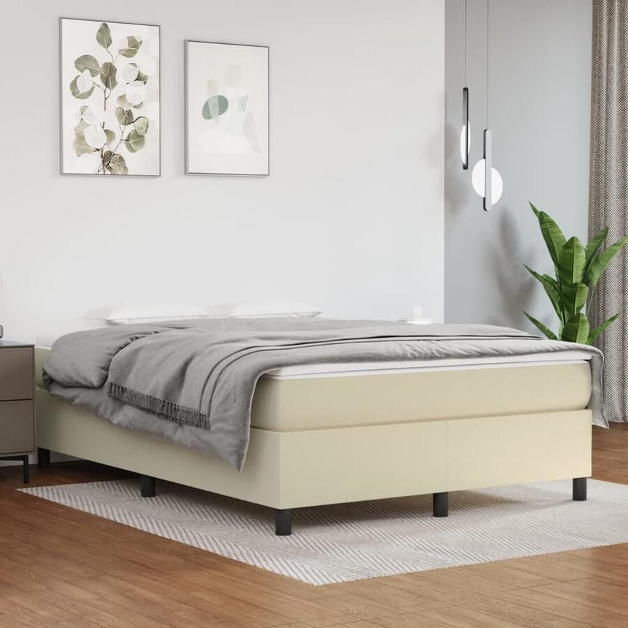 VidaXL Boxspring Kunstleer crèmekleurig 140x200 cm Boxspringbed Slaapcomfort Kunstleder Pocketvering Middelduur Crèmekleurig - Foto 2