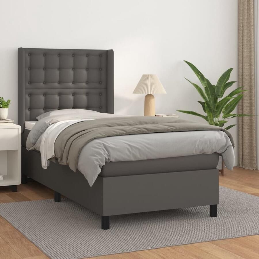 VidaXL Boxspring Kunstleer Grijs 100x200 cm Boxspringbed Slaapcomfort Kunstleder Verstelbare Hoofdbord Pocketveer Matras Middeld Hard Hoogwaardige Materialen - Foto 2