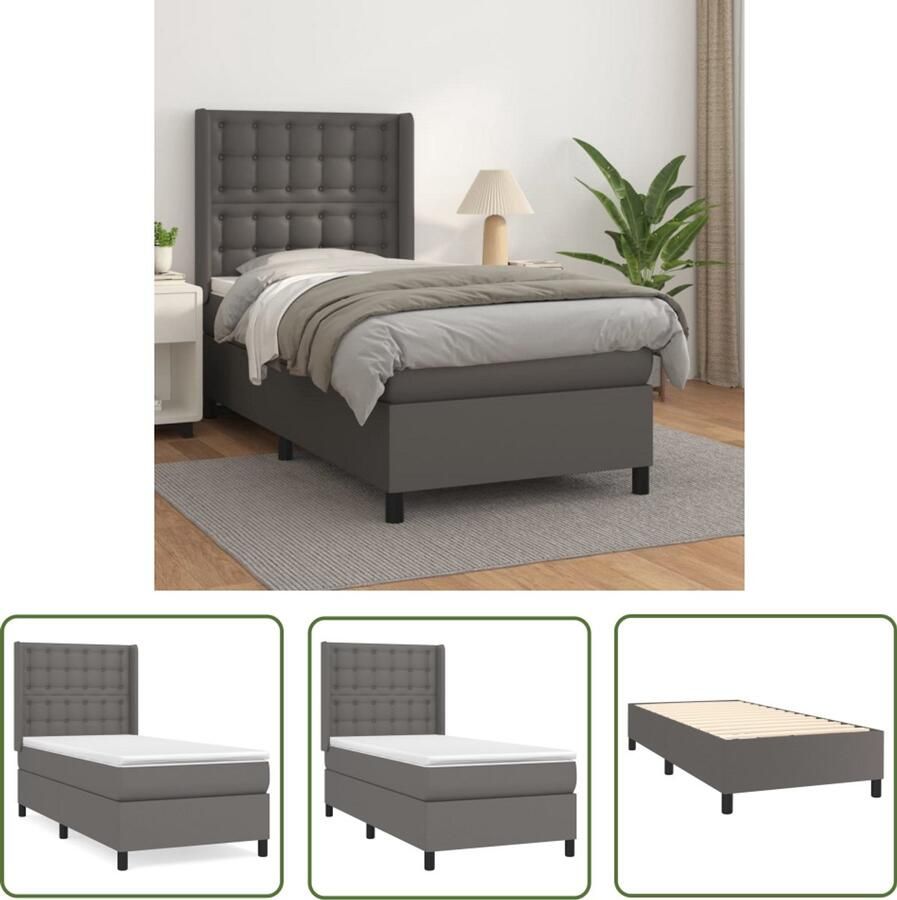 VidaXL Boxspring Kunstleer Grijs 100x200 cm Boxspringbed Slaapcomfort Kunstleder Verstelbare Hoofdbord Pocketveer Matras Middeld Hard Hoogwaardige Materialen