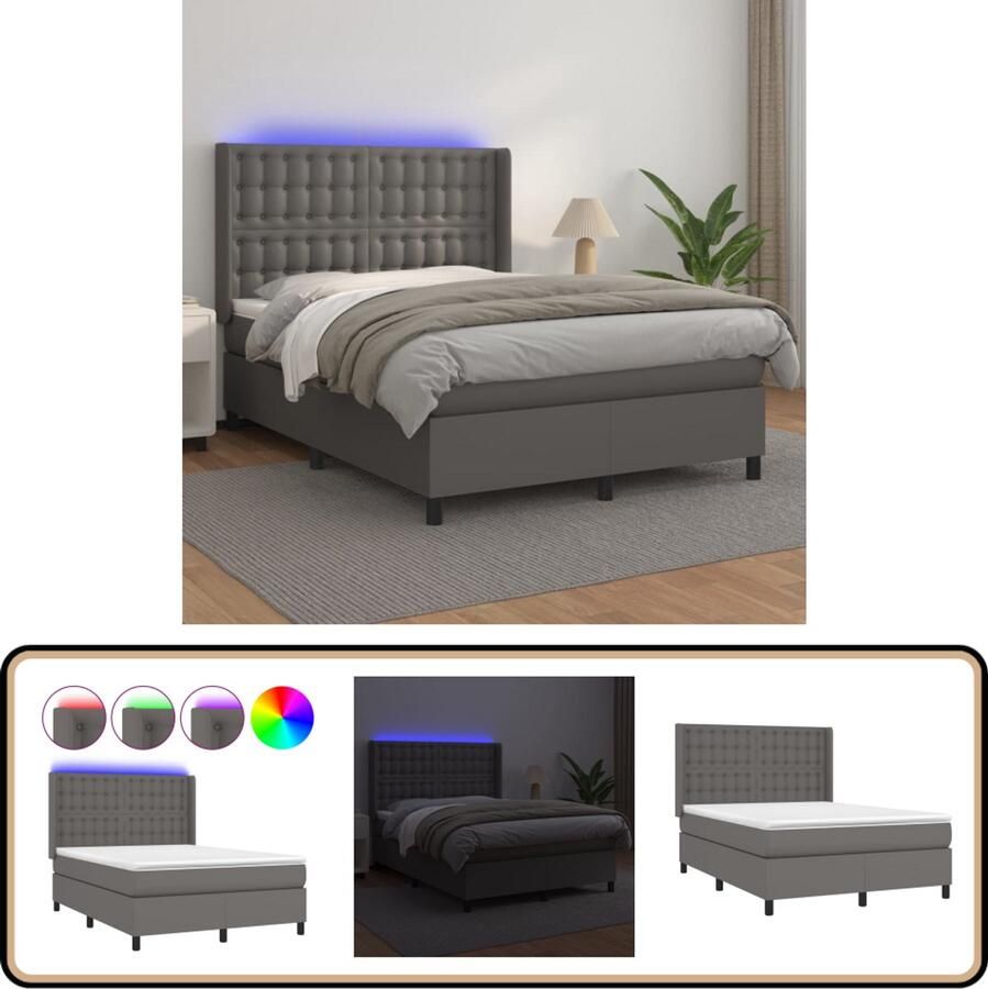 VidaXL Boxspring Kunstleer Grijs 140x190 cm Boxspring Bed Slaapcomfort Led Verlichting Elektrisch Verstelbare Hoofdbord Kunstleder