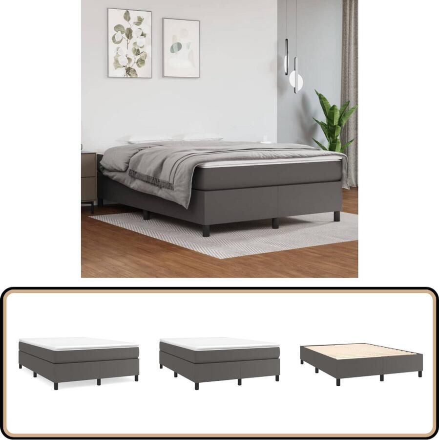 VidaXL Boxspring Kunstleer Grijs 140x200 cm Boxspringbed Kunstleder Bed Slaapkamer Meubels Tweepersoons Bed Boxspring Groot Bed Middelduurzame Matras Pocketveer Matras