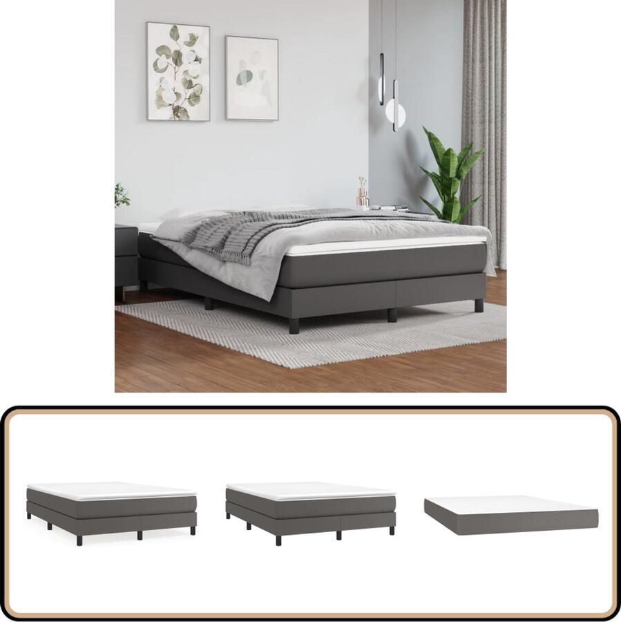 VidaXL Boxspring Kunstleer Grijs 140x190 cm Boxspringbed Kunstleren Bed Frame Pocketvering Matras Middelhard Slapen