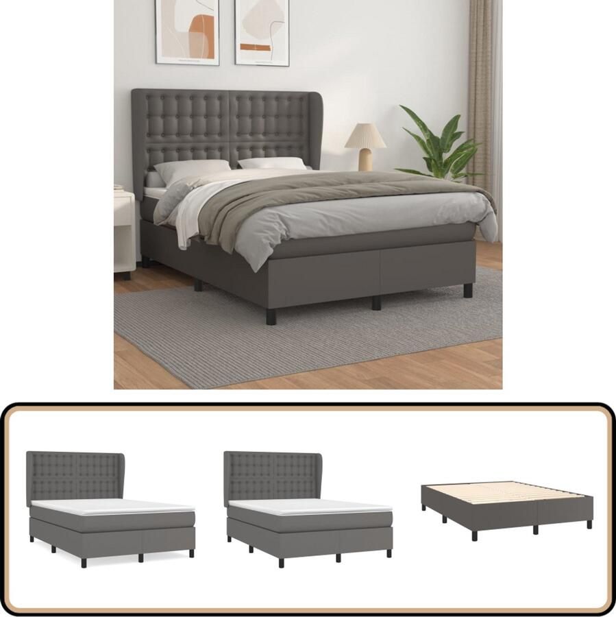 VidaXL Boxspring Kunstleer Grijs 140x190 cm Boxspringbed Boxspring Bed Frame Kunstleder Bed Pocketed Spring Mattress - Foto 2
