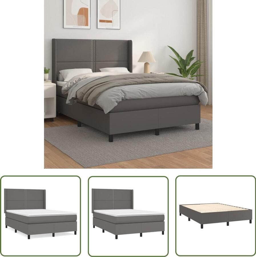 VidaXL Boxspring Kunstleer Grijs 140x190 cm Boxspringbed Slaapcomfort Kunstleder Bed Frame Verstelbare Hoofdbord Pocketveer Matras