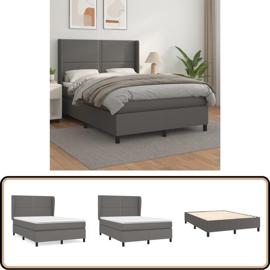 VidaXL Boxspring Kunstleer Grijs 140x190 cm Boxspringbed Slaapcomfort Kunstleder Pocketvering Middeld Hard