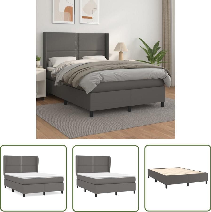 VidaXL Boxspring Kunstleer Grijs 140x200 cm Boxspring Bed Slaapcomfort Kunstleder Bed Pocketveer Matras Hoofdboard Grijs Bed