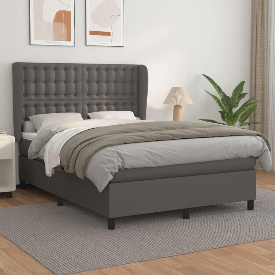 VidaXL Boxspring Kunstleer Grijs 140x190 cm Boxspringbed Boxspring Bed Frame Kunstleder Bed Pocketed Spring Mattress - Foto 4
