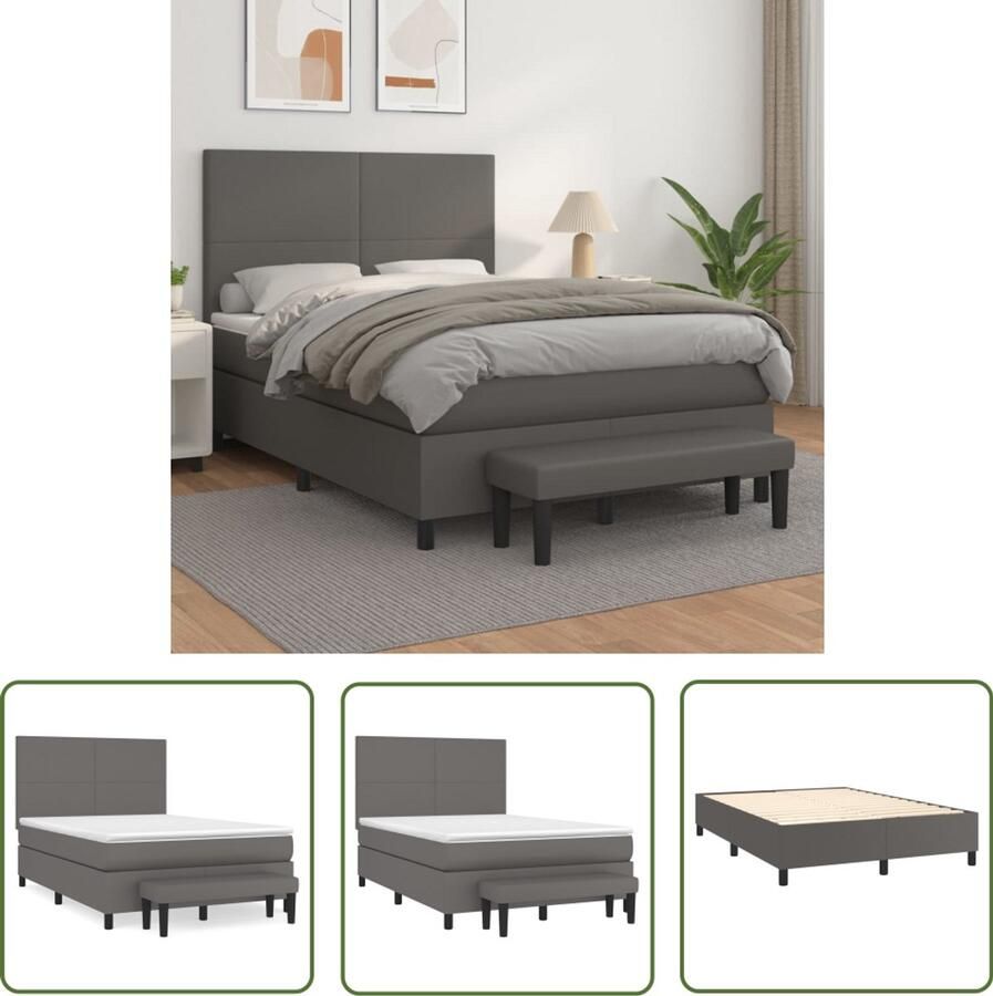The Living Store Boxspring met matras kunstleer grijs 140x190 cm Boxspring Slaapcomfort Kunstleder Bed Pocketveer Matras Grijs Bed