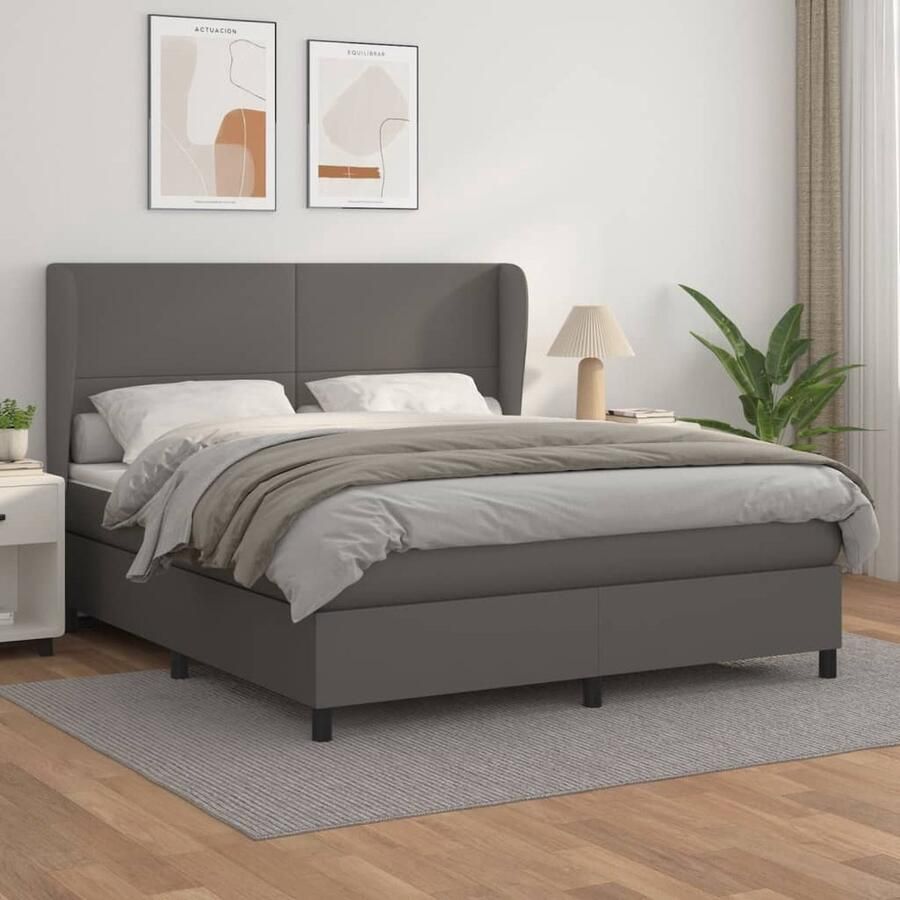 VidaXL Boxspring Kunstleer Grijs 160x200 cm Boxspringbed Slaapcomfort Kunstleder Verstelbare Hoofdbord Pocketvering Matras Middeld Hard Hoofdboard