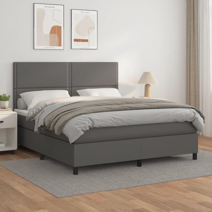 VidaXL Boxspring Kunstleer Grijs 160x200 cm Boxspringbed Slaapcomfort Kunstleder Verstelbare Hoofdbord Pocketvering Matras Middeld Hard Hoofdboard - Foto 3