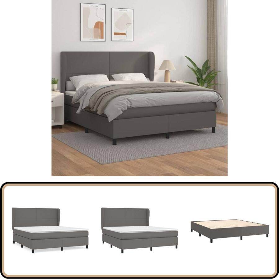 VidaXL Boxspring Kunstleer Grijs 160x200 cm Boxspringbed Slaapcomfort Kunstleder Verstelbare Hoofdbord Pocketvering Matras Middeld Hard Hoofdboard - Foto 2