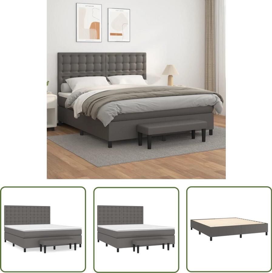 VidaXL Boxspring Kunstleer Grijs 160x200 cm Boxspringbed Slaapcomfort Kunstleder Verstelbare Hoofdbord Pocketveer Matras