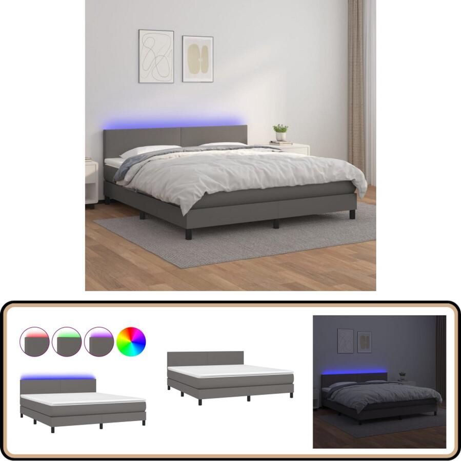 The Living Store Boxspring met matras en LED kunstleer grijs 180x200 cm Boxspring Boxsprings Bed Slaapmeubel Boxspringbed Boxspring Bed Tweepersoonsbed Bed Met Matras Bedframe Ledikant Bed Met LED
