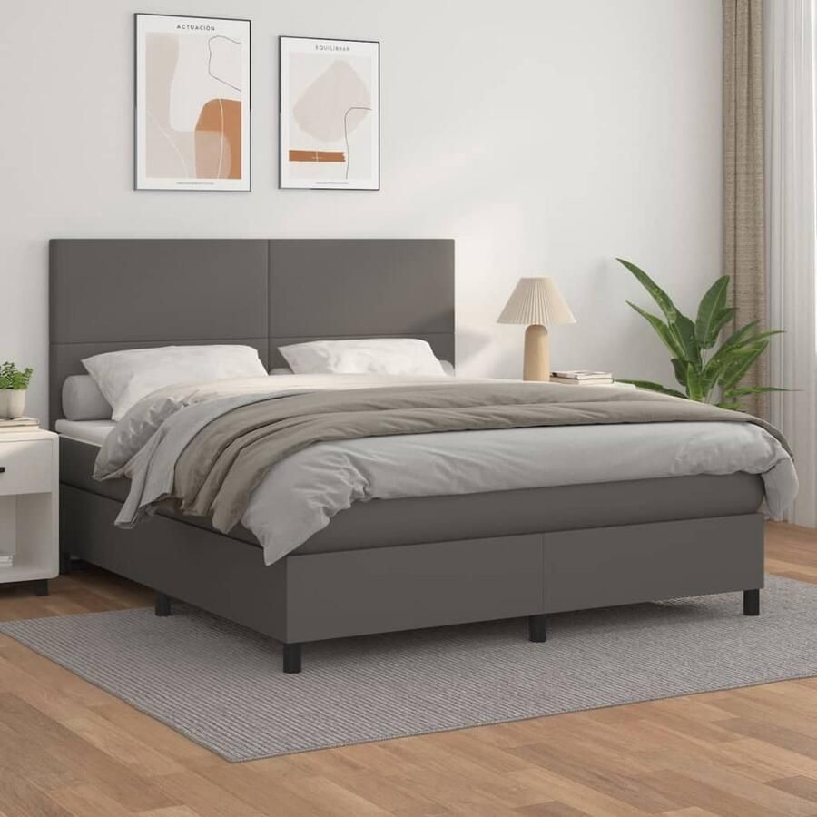 VidaXL Boxspring Kunstleer Grijs 180x200 cm Boxspringbed Slaapcomfort Kunstleder Grijs Hoofdboard Pocketvering Middelduur - Foto 2