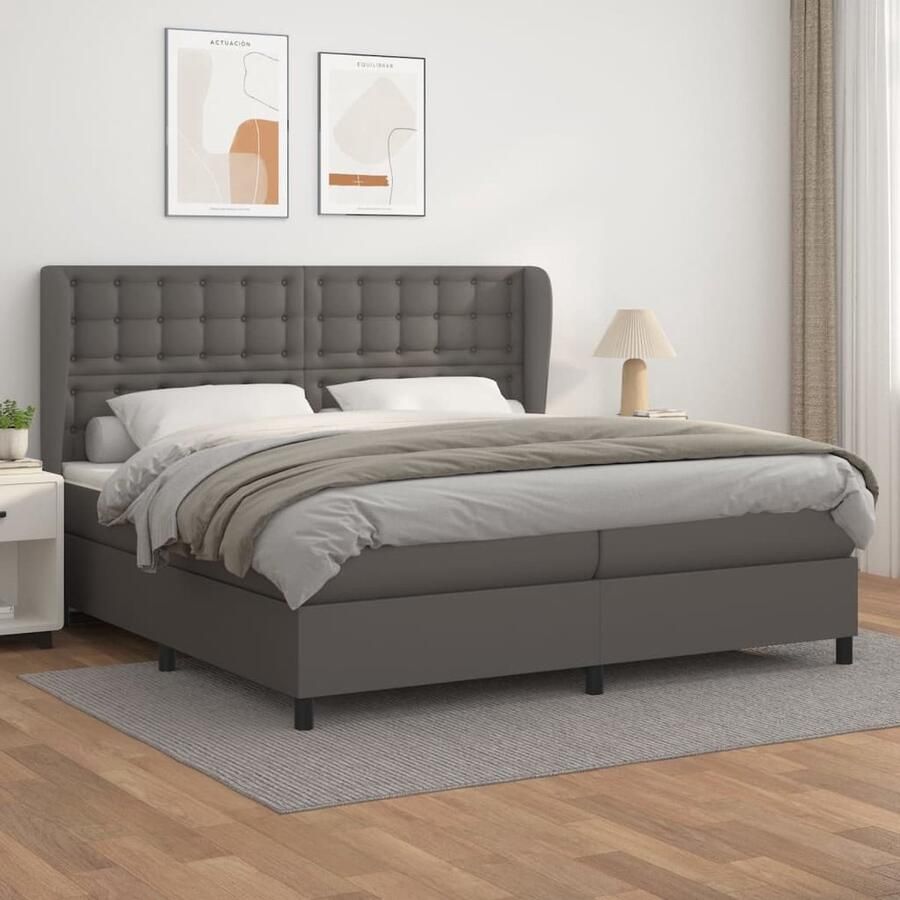 VidaXL Boxspring Kunstleer Grijs 200x200 cm Boxspring Bed Slaapcomfort Kunstleder Bed Tweepersoons Bed Groot Bed Design Bed Modern Bed Grijze Bed - Foto 2