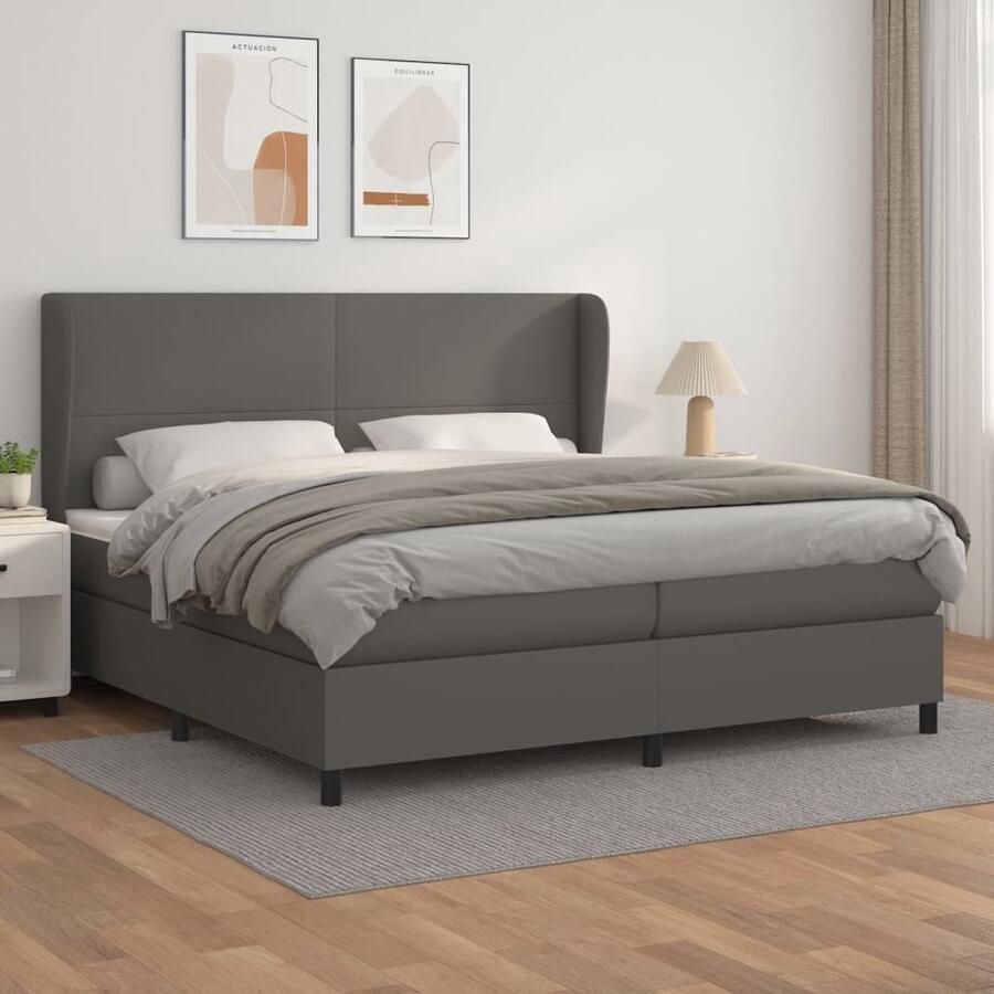 VidaXL Boxspring Kunstleer Grijs 200x200 cm Boxspringbed Boxspring Slaapkamerinrichting Slaapcomfort Lederlook Designbed Tweepersoonsbed Groot Bed King Size Bed - Foto 2