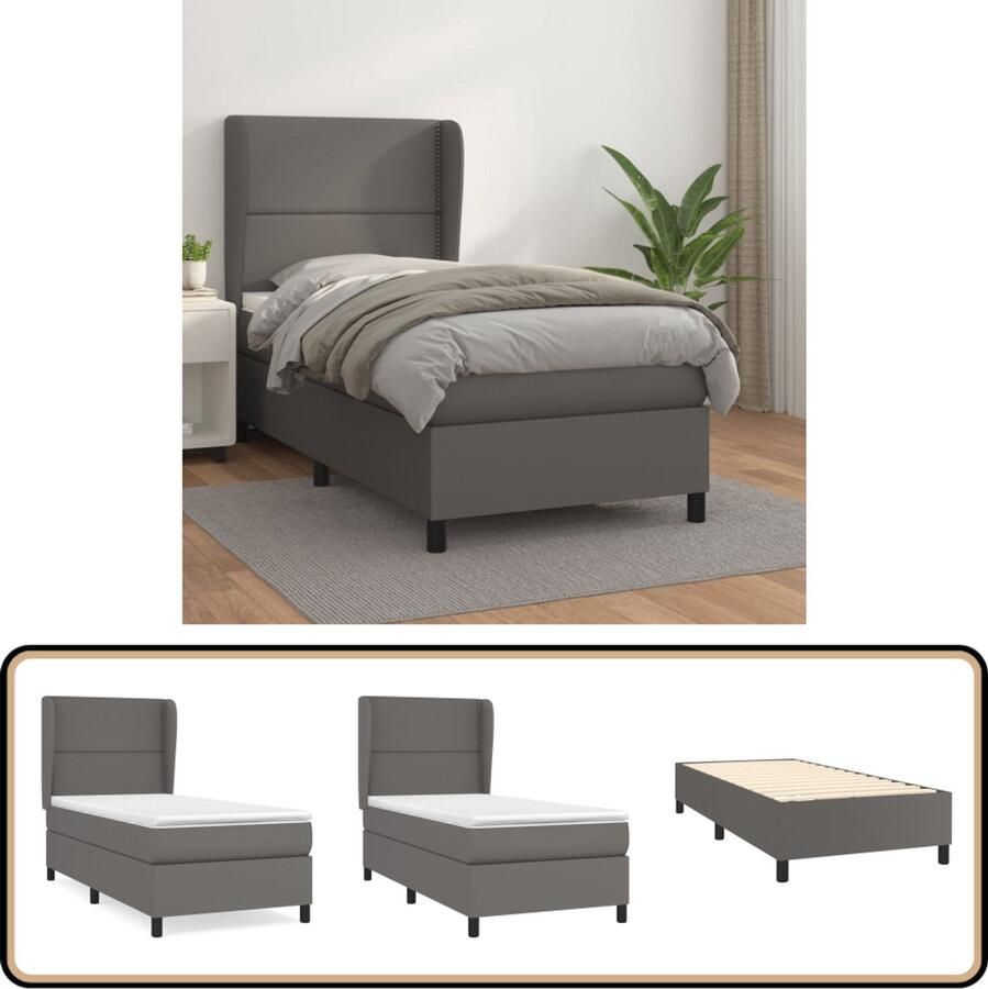 VidaXL Boxspring Kunstleer Grijs 90x200 cm Boxspring Bed Frame Kunststof Leder Tweepersoonsbed King Size Bed Adjustable Headboard Pocketveer Matras Medium Firm Mattress