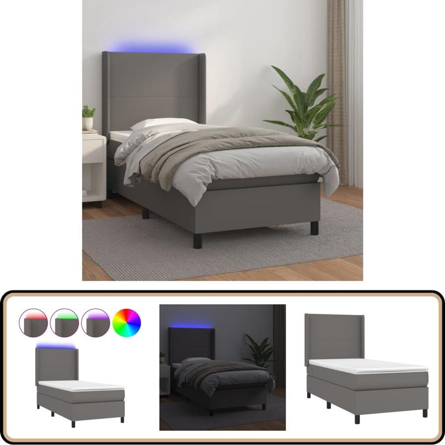 VidaXL Boxspring Grijs Kunstleer 90x200 cm Boxspring Bed Boxsprings Leder Look Bed Led Lampje Bed Elektrisch Bed King Size Bed Tweepersoons Bed Slaapkamer Meubilair