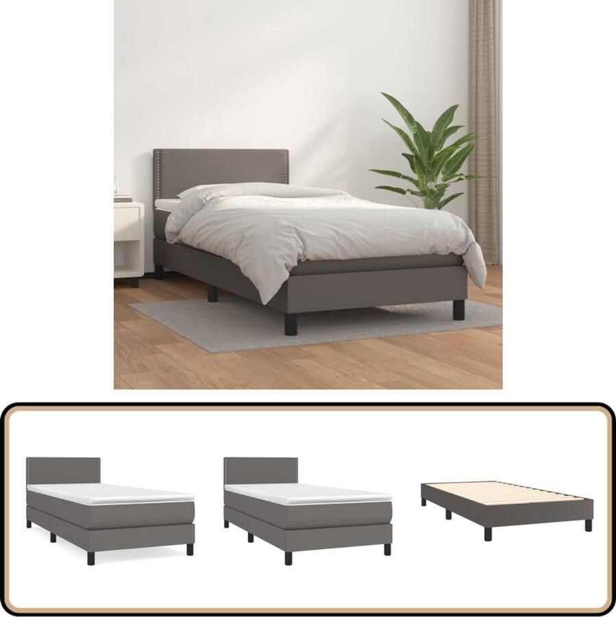 VidaXL Boxspring Kunstleer Grijs 80x200 cm Boxspringbed Slaapcomfort Kunstleder Bed Verstelbare Hoofdbord Pocketveer Matras Middeld Hard Matras Grijs Bed