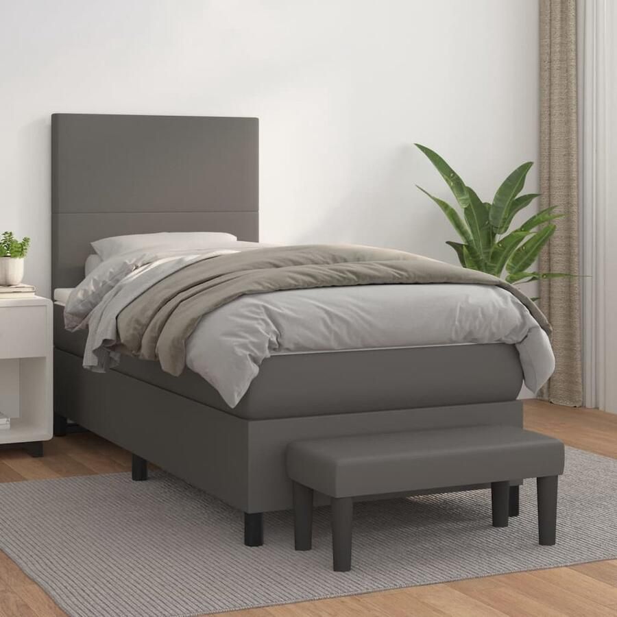 VidaXL Boxspring Kunstleer Grijs 90x190 cm Boxspringbed Boxspring Bed Slaapkamer Kunstleder Matras Pocketvering Hoofdbord Adjustable Headboard Multifunctionele Bank - Foto 2