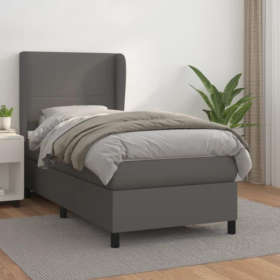VidaXL Boxspring Kunstleer Grijs 90x190 cm Boxspringbed Kunstleder Bed Verstelbare Hoofdbord Pocketvering Matras Middelhard Matras Huidgevend Topmatras - Foto 2