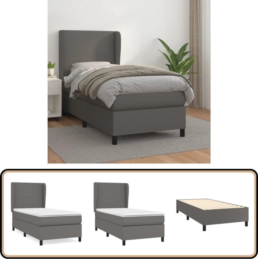VidaXL Boxspring Kunstleer Grijs 90x190 cm Boxspringbed Kunstleder Bed Verstelbare Hoofdbord Pocketvering Matras Middelhard Matras Huidgevend Topmatras