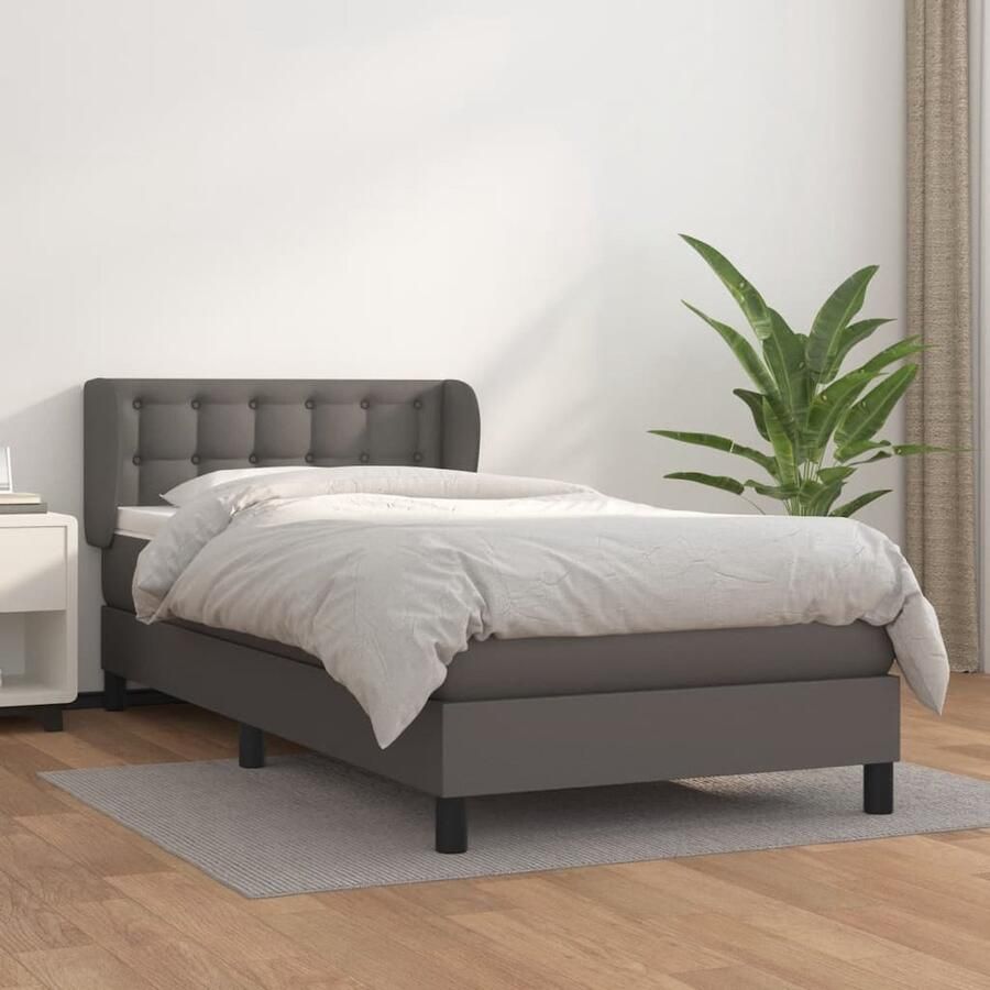 VidaXL Boxspring Kunstleer Grijs 90x190 cm Boxspringbed Slaapcomfort Kunstleder Verstelbare Hoofdbord Pocketvering Matras Middeld Hard Grijs - Foto 2