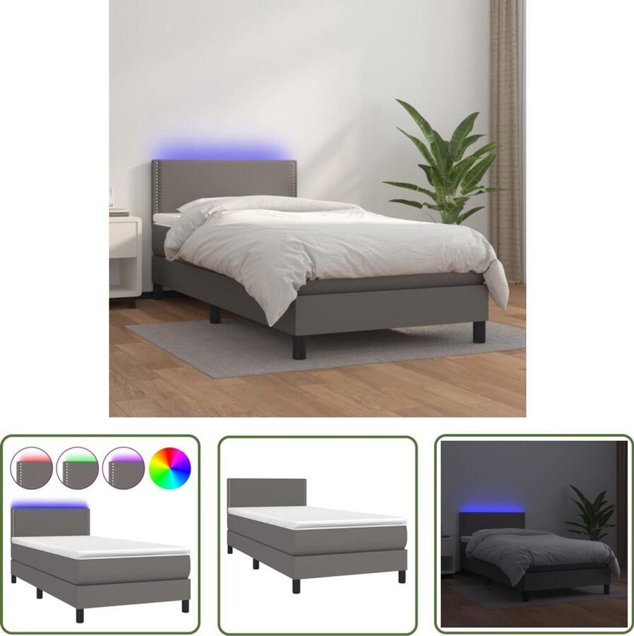 VidaXL Boxspring Kunstleer Grijs 90x200 cm Boxspring Bed Frame Led Lamp Kunstleder Tweepersoonsbed King Size Bed Slaapkamer Meubilair Groot Bed Modern Bed