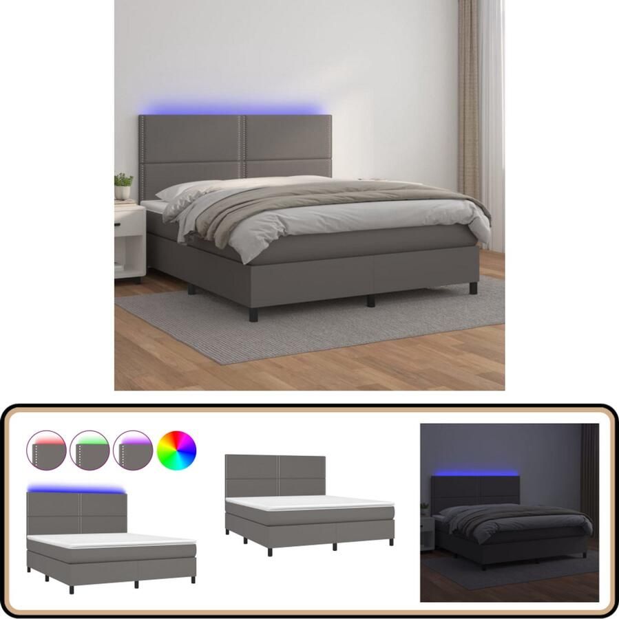 VidaXL Boxspring Kunstleer Grijs LED 160x200 cm Boxspring Bed Lederlook Bed Led Bed Elektrisch Bed Hoofdbord Regulier Tweepersoonsbed